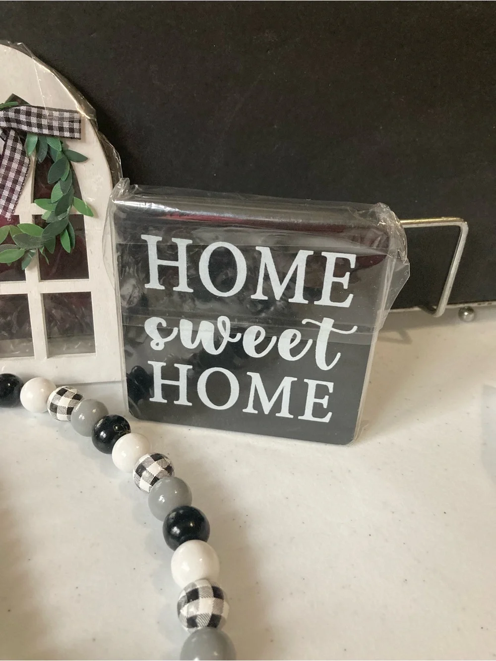 Farmhouse Black & White HOME Bead Garland with Tassel - Shelf Decor Cottagecore